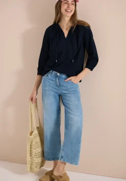 Blouse met 3/4 mouwen en gespleten hals in effen kleur
