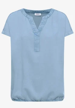 Blouse met korte mouwen en gespleten hals in denimlook