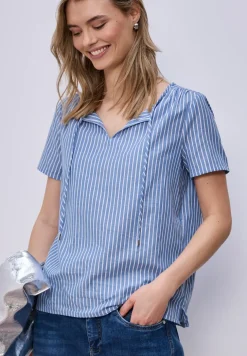 Blouse met korte mouwen, gespleten hals en strepen