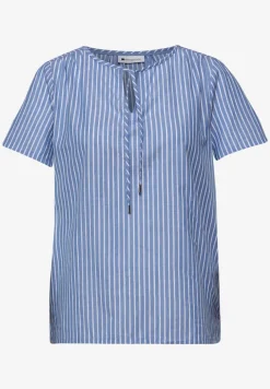 Blouse met korte mouwen, gespleten hals en strepen