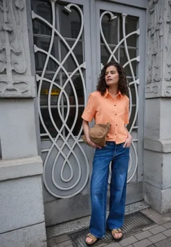 Blouse met korte mouwen in ribfluweel