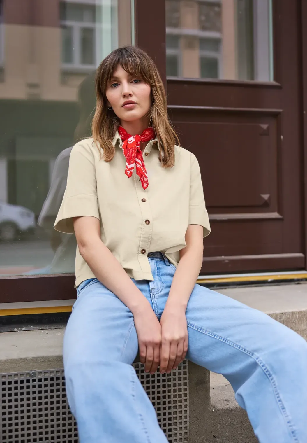 Blouse met korte mouwen in ribfluweel