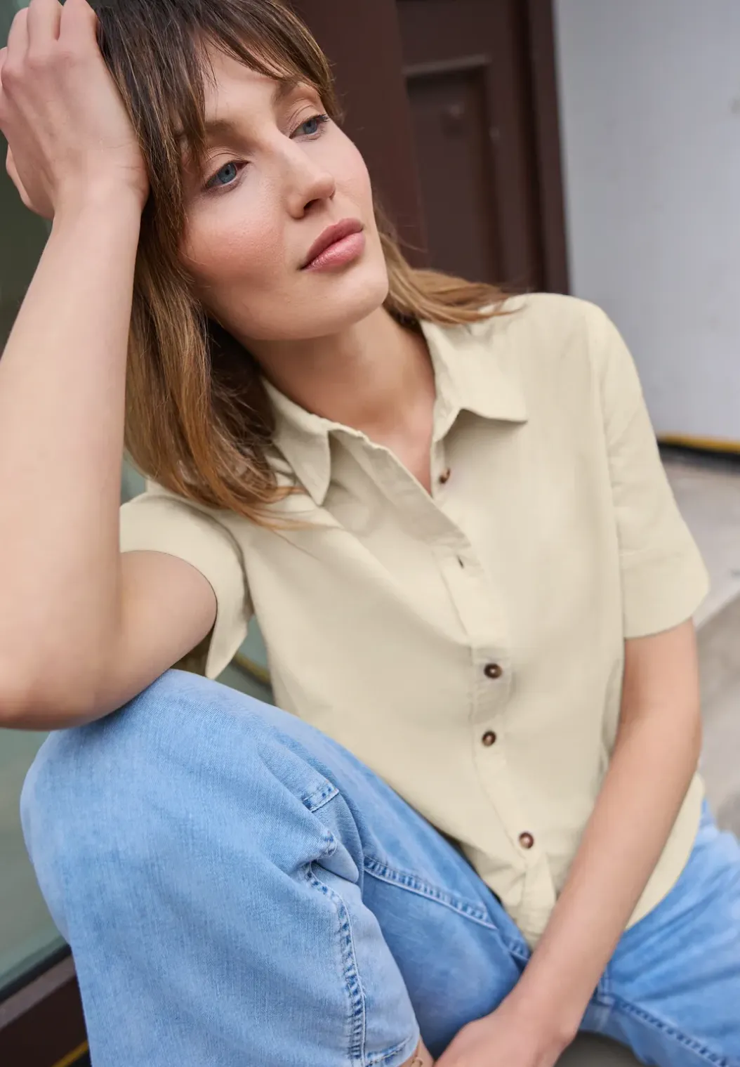 Blouse met korte mouwen in ribfluweel