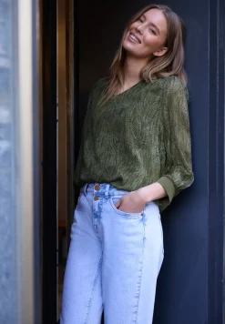 Blouse met lange mouwen en V-hals in chiffon