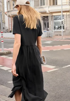 Midi-jurk met ronde hals en structuurmix