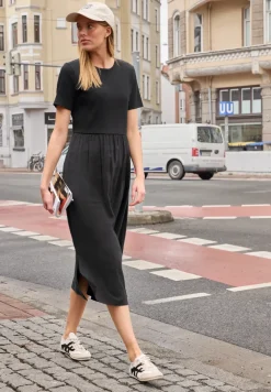 Midi-jurk met ronde hals en structuurmix