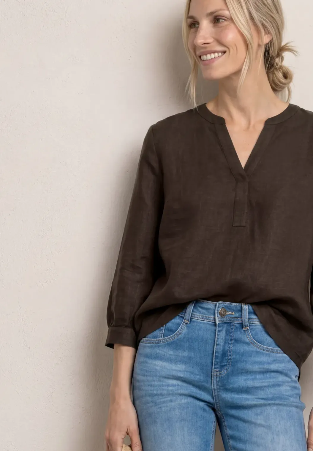 3/4-mouwen blouse van linnenmix met gespleten hals